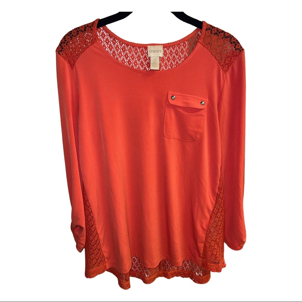 Chicos Orange Blouse with Crochet Lace Back